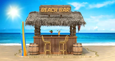 Camera moves through a beach bar on the sand beach in front view 動画素材 298212425