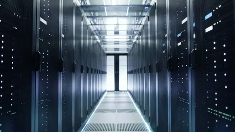 Camera Moves Through Big Working Data Center with Server Racks. Vidéo 74611450