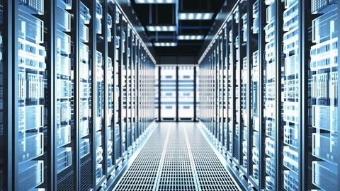 Camera Moves Through Big Working Data Center with Server Racks and Glass Ceiling Stock Footage 104082870