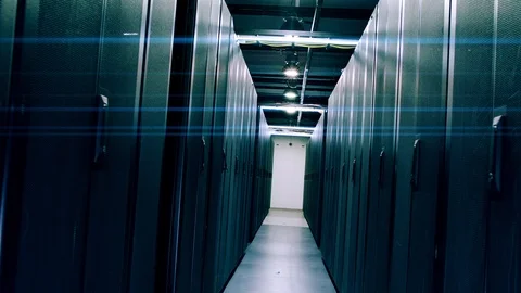 Camera moves through big working data center with server racks . 스톡 동영상 123222374