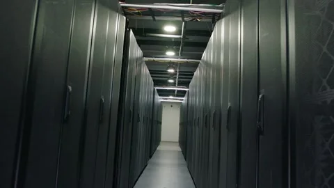 Camera Moves Through Big Working Data Center With Server Racks . 스톡 동영상 132670473
