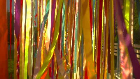 Camera moves through colorful hanging ribbons Stock-Footage 343894513