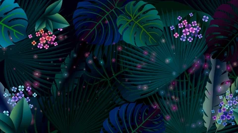 The camera moves through the fabulous night jungle. Panorama. Animation Stock Footage 88675800