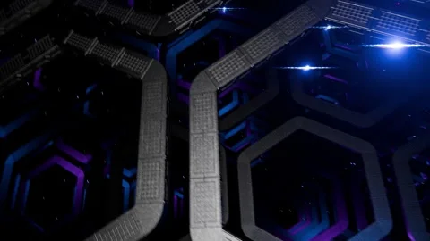 The camera moves through hexagons in a space filled with flashes of light. Video stock 342074350
