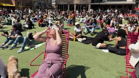 Camera moves through large crowd gathered to watch solar eclipse Stock Footage 271599081