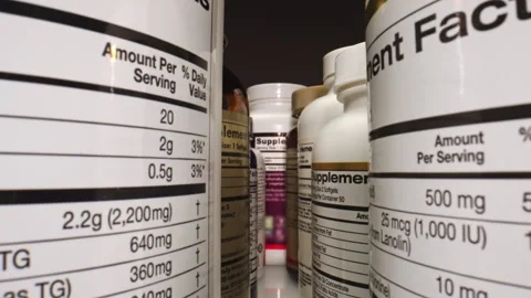 The Camera Moves Through Many Containers of Dietary Supplements, Pills. Plastic Stock Footage 261800340