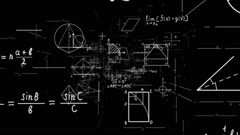 Camera moves through math and equations on black background. Stock Footage 155949349