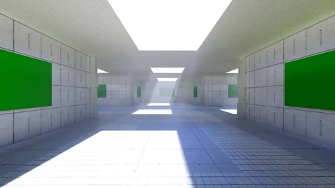 The camera moves through the space with green screens Stock Footage 94481252