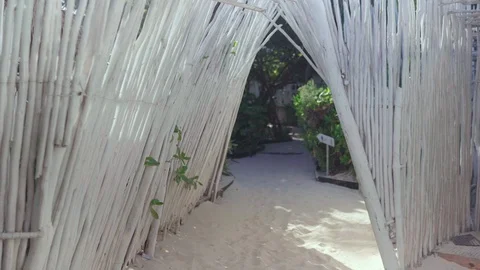 The camera moves through wooden structure to a house in the jungle. Stock-Footage 128944924
