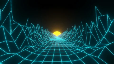 The camera moves toward the sun on an abstract neon polygonal landscape Stock Footage 130592700
