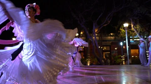 Camera moves while Mexican folkloric dancers move around stage. Stock Footage 104101000