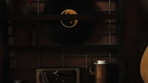 Camera move:shelfs in pub whit various interesting object Stock Footage 61966419