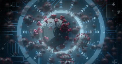 Camera moving, 3D virus particle rotating under scanning rings slicing interior Stock Footage 311603513