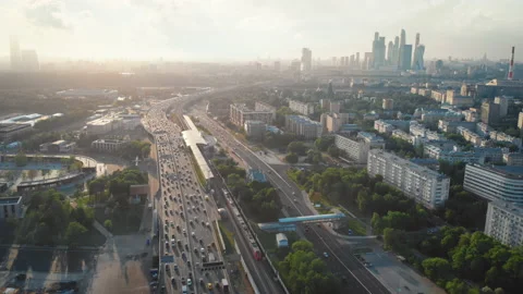 Camera moving above the road with heavy traffic. Stock Footage 193544698