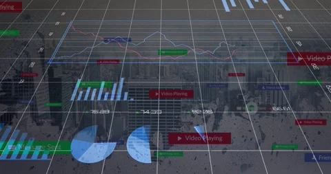Camera moving across grid, dashboard revealing charts updating numbers to show Stock Footage 331046112