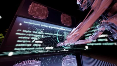 Camera moving across humanoid robotic skeleton working on source data code.  Stock Footage 269690853