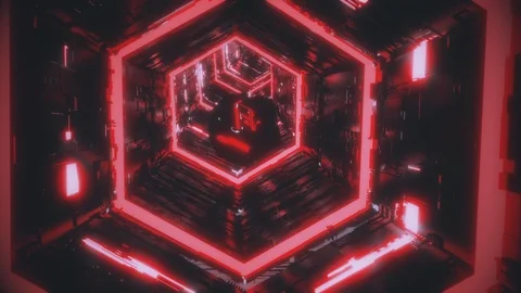 A camera moving after a mirror polyhedron along a dark futuristic hexagonal Stock Footage 122504195