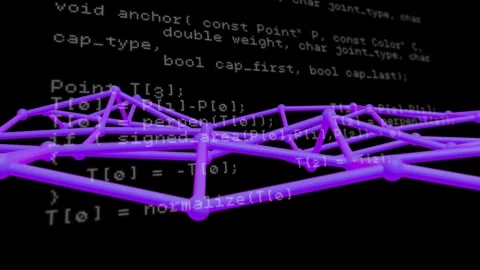 Camera moving ahead and tilting, neon lattice waving, nodes lifting and code Stock Footage 330330782