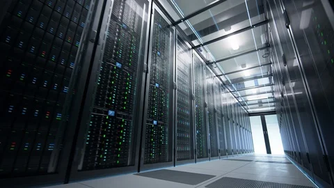 Camera moving along the corridor in data center showing server equipment. Stock Footage 106161066