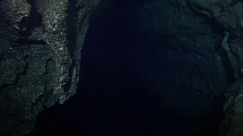 Camera moving along dark narrow passage underwater Stock Footage 83102612