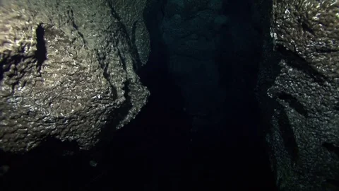 Camera moving along dark narrow passage underwater Stock Footage 83102968