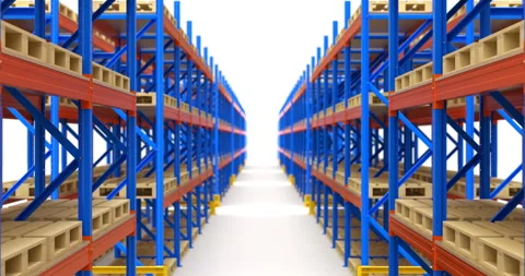 Camera moving along of  double row of pallet racking system Stock Footage 321328854