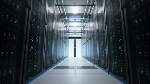 Camera moving along the narrow corridor in data center with server equipment. Video stock 106071543