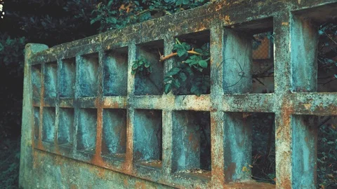Camera Moving Along the Old Stone Fence in a Yard of Abondaned House in Spain Stock Footage 94593328