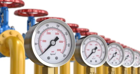 Camera moving along row of  gas pressure gauge meters Stock Footage 320668671