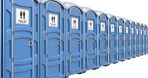 Camera moving along row of mobile portable blue plastic toilets Vídeos de archivo 319519499