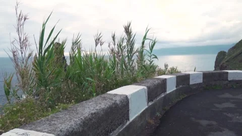 Camera moving along winding coastal road showing ocean view Stock Footage 293159031