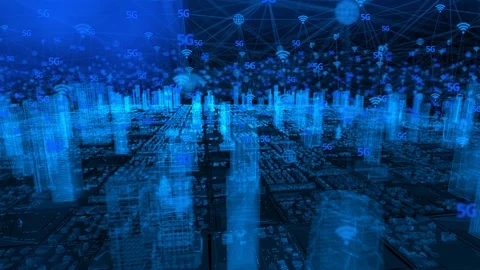 Camera moving around buildings. Wireless communication network concept. IoT 库存影片 122740025