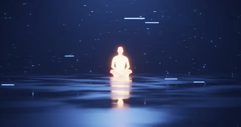 Camera moving around meditation man in dream-like world. 3d Rendering concept of Stock Footage 245204308