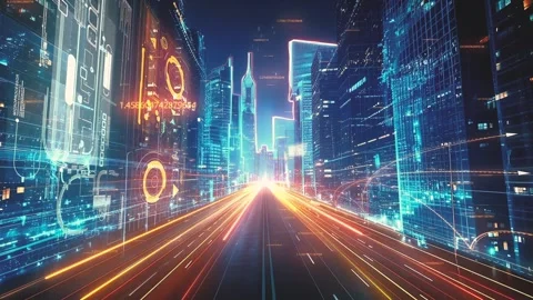 Camera moving between digital skyscrapers with Technology holograms and lights Video stock 262967478