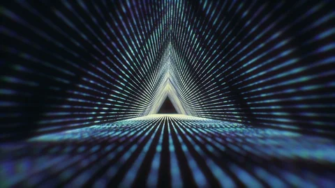 Camera moving into a blue triangular tunnel formed by glowing beams background l Видео 116991652
