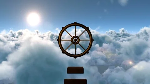 Camera moving bronze helm wheel slowly rotating clockwise while clouds drifting Stock Footage 338356297