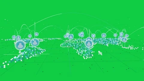 Camera moving causing nodes forming, pins rising, arcs linking, showing map on Stock Footage 337127259