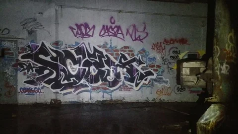 Camera moving closer to large graffiti lit up with flashlight Vidéo 88414335