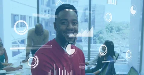 Camera moving closer, man in red sweater shifting gaze, smiling, reacting to HUD Stock Footage 334183018