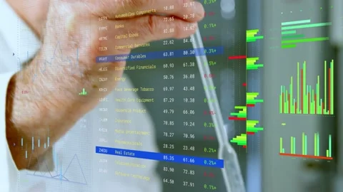 Camera moving closer senior lab tech pipetting red liquid while dashboards Stock Footage 333925400