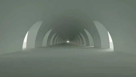 Camera moving into a curved gray concrete archway corridor with changing lights Stock Footage 167138641