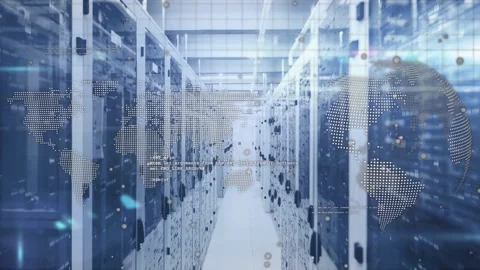 Camera moving down central aisle of data center, causing map and globe overlay Vidéo 332844220