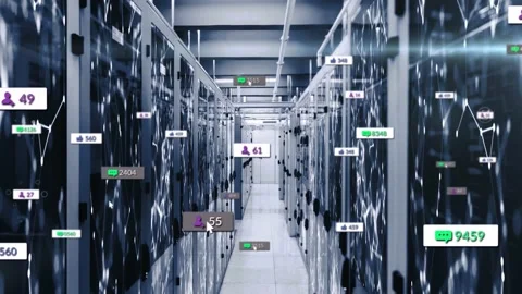 Camera moving down central server aisle, chat bubbles, counts rising, lines Stock Footage 332591899