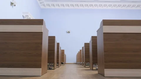 Camera Moving Down The Passage Between The Desks In The Classroom, Lecture Hall Stock Footage 101091237