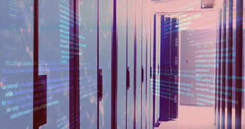 Camera moving down server aisle, code emerging, nodes pulsing, showing Stock Footage 318194766