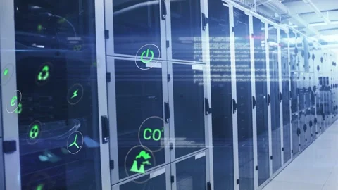 Camera moving down server aisle, revealing floating green icons and code marking Stock Footage 332591917