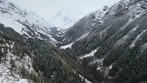 Camera moving down in valley. snow covered mountains and green trees.white Stock Footage 157690756