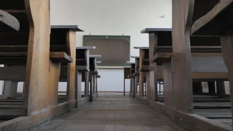 Camera moving on the floor in empty old stile classroom, lecture hall Video stock 257225214