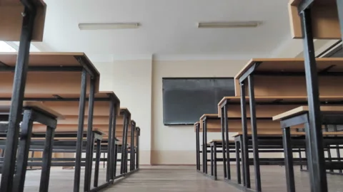 Camera Moving On The Floor In Towards Chalkboard In Empty Auditorium, Classroom Stock Footage 122079233