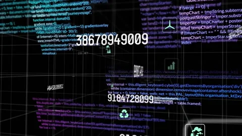 Camera moving forward via 3D grid numbers scaling, code panels aligning teal Stock Footage 332936441